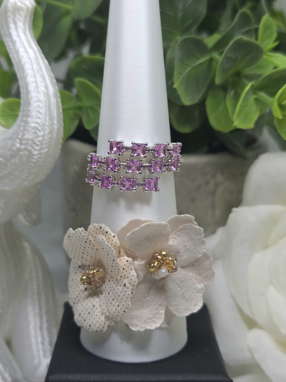 Rose Quartz Triple-Row Cubic Zirconia Silver Wrap Style Fashion Ring